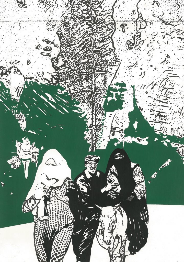 “Göç 1”, Kağıt üzerine akrilik boya, mürekkep kalem, 25x35 cm, 2019
