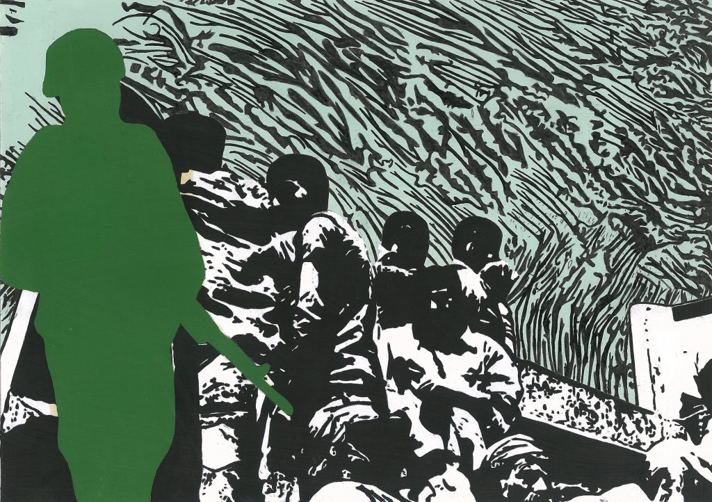 “Göç 2”, Kağıt üzerine yağlıboya, mürekkep kalem, 25x35 cm. 2019